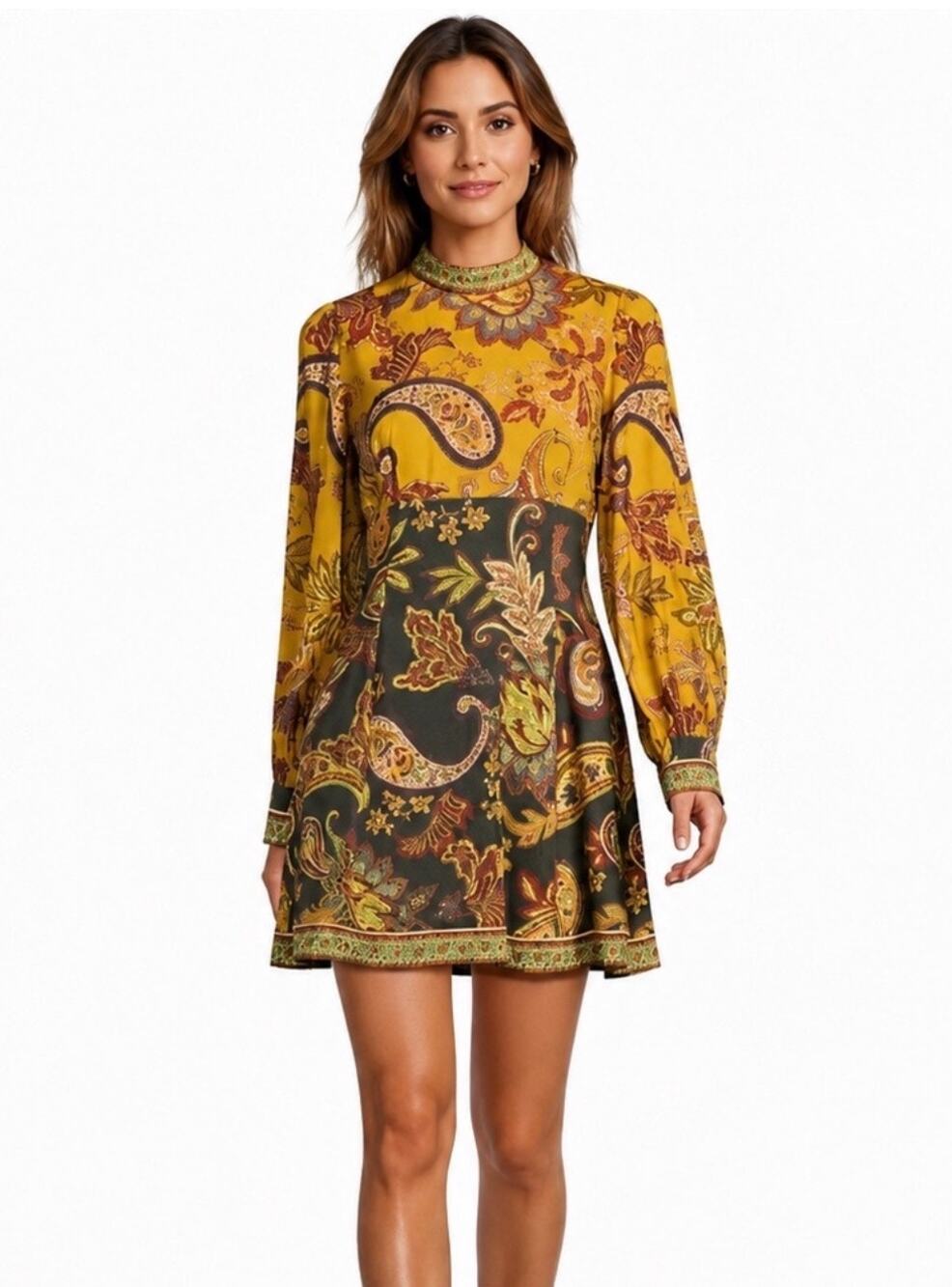 NWT Antonio Melani Ellery Paisley Mock Neck Dress Size 10 Yellow Brown MSRP $249